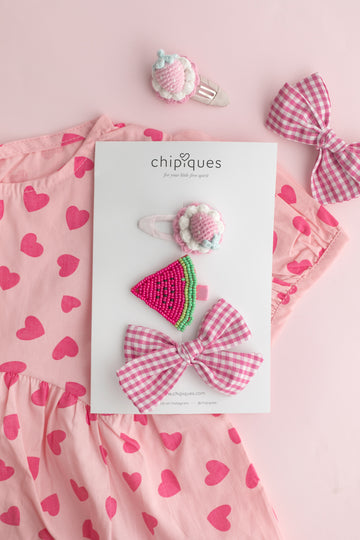 3'lu Cupcake Boncuklu Karpuz ve ekose Fiyonk Set