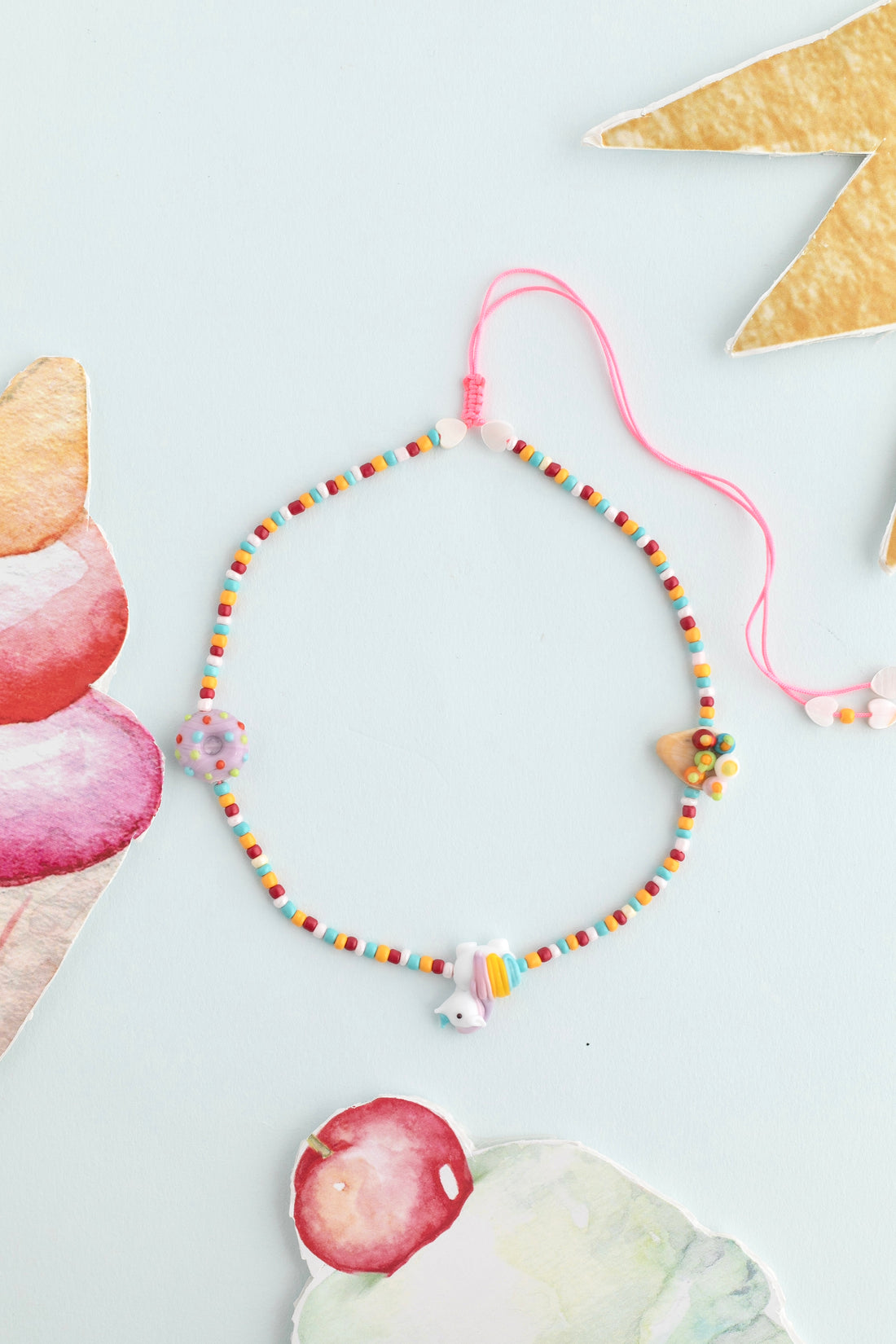 Unicorn ve Donut Murano Cam Boncuklu Kolye