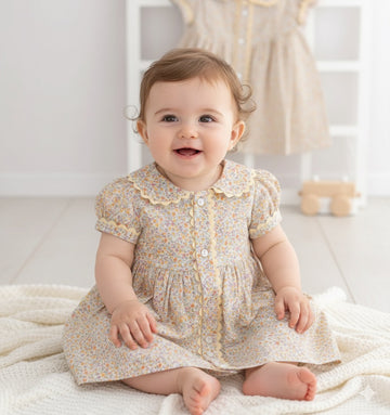 Dilimli Bebe Yaka Mini Çiçekli Boydan Dugmeli Pamuk Elbise