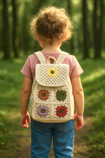 El Örgüs Çiçek Nakışlı Kapaklı Crochet Omuz Çantası