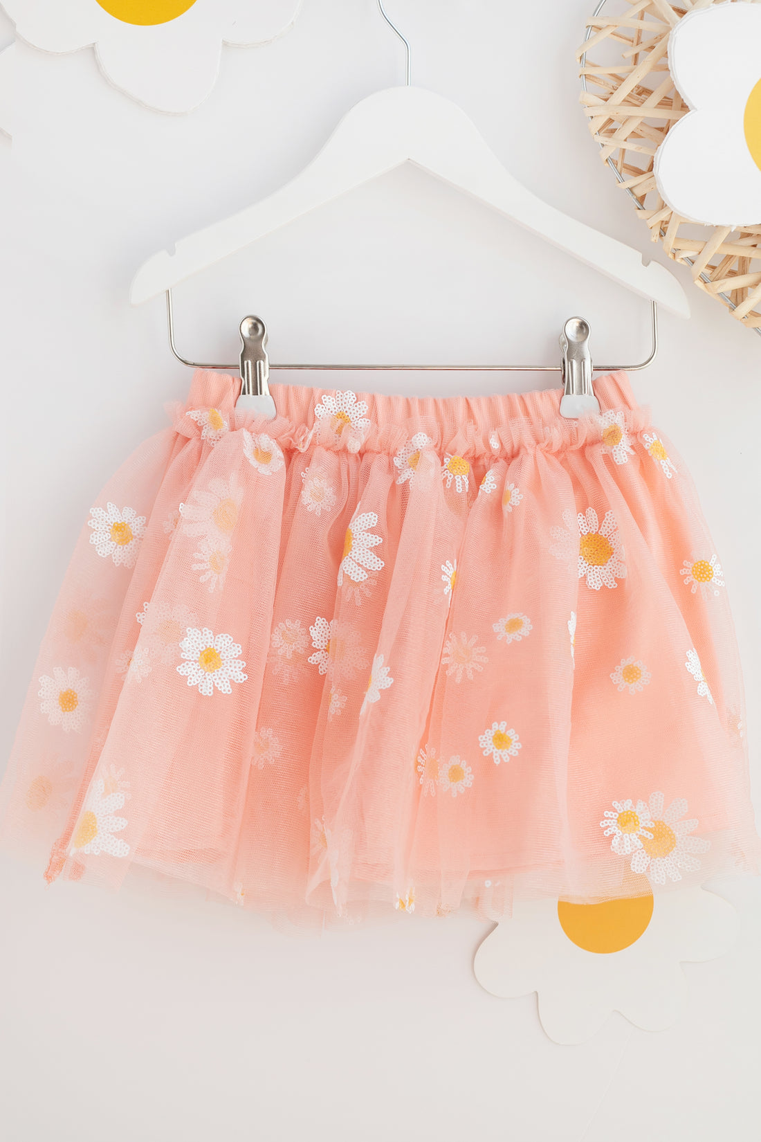 Payetli Papatya İşlemeli Somon Rengi Tütü Etek