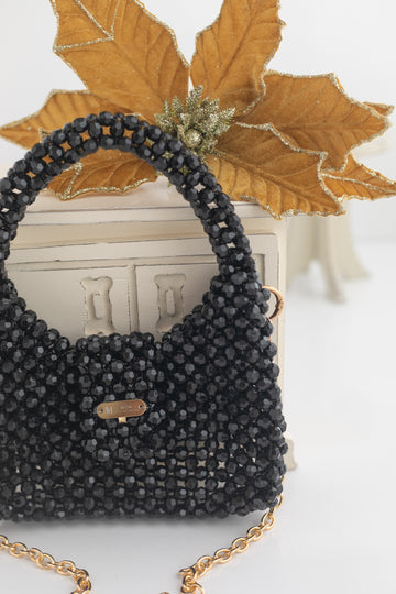 Siyah Kristal Boncuk İşlemeli Mini Kapakli Yetiskin El Çantasi