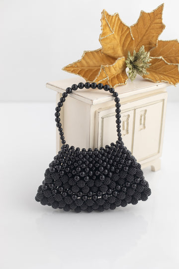 Siyah Kristal ve Böğürtlen Boncuk İşlemeli Kapaksız Yetişkin El Çantası