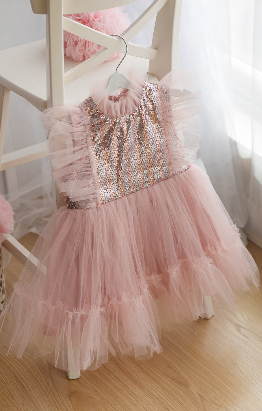 Rose Gold Payetli Fırfırlı Tül Elbise