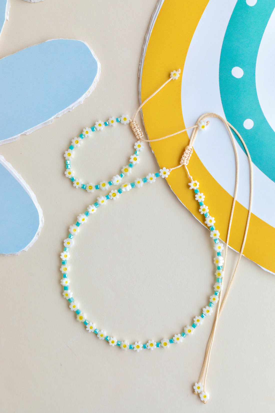 Mavi Papatyalı Sedef Boncuklu Kolye ve Bileklik Set