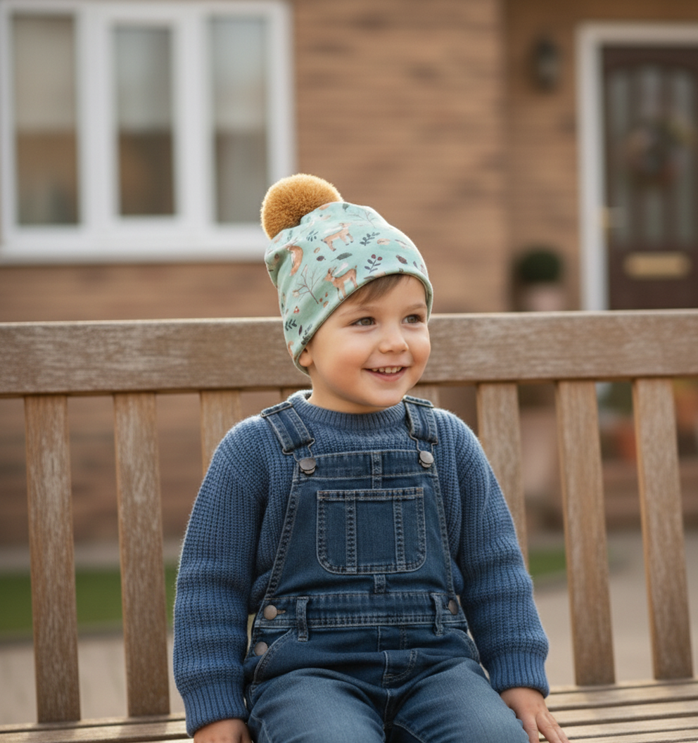 Unisex Mavi Masal Orman Desenli Hardal Ponpon Cift Katli Penye Bere