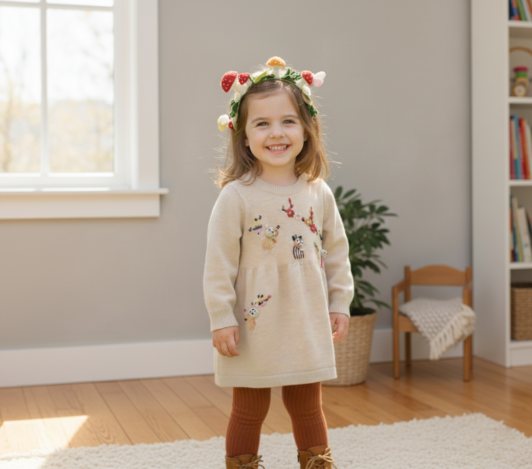 Tavşan ve Çiçek El Nakışi İşlemeli Krem Triko Elbise