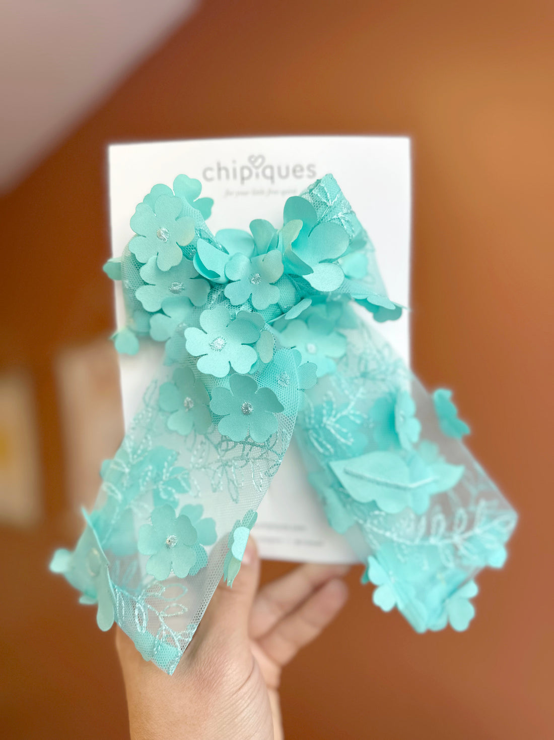 Üç Boyutlu Çiçekli Turkuaz Organze Balerin Fiyonk Klips