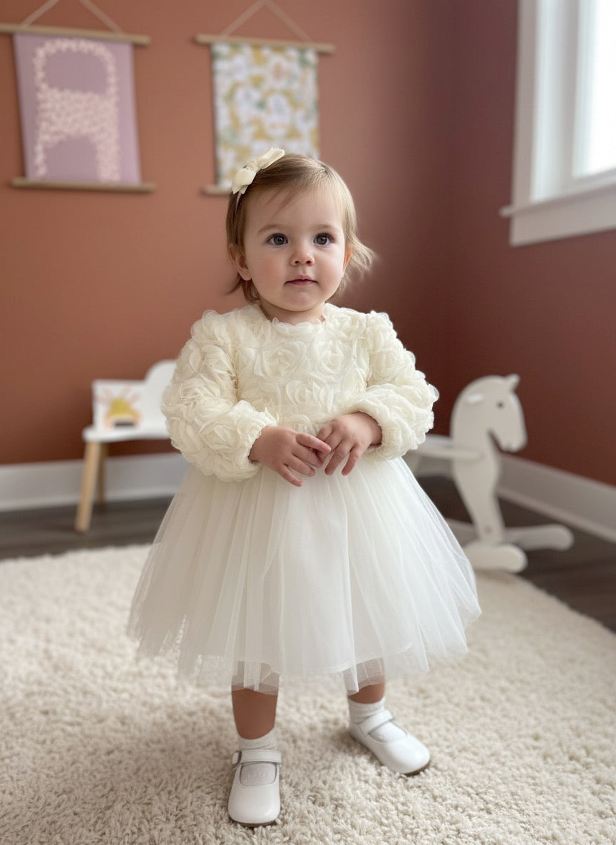 Üç Boyutlu Gül Motifli Krem Tül Özel Gün Elbisesi