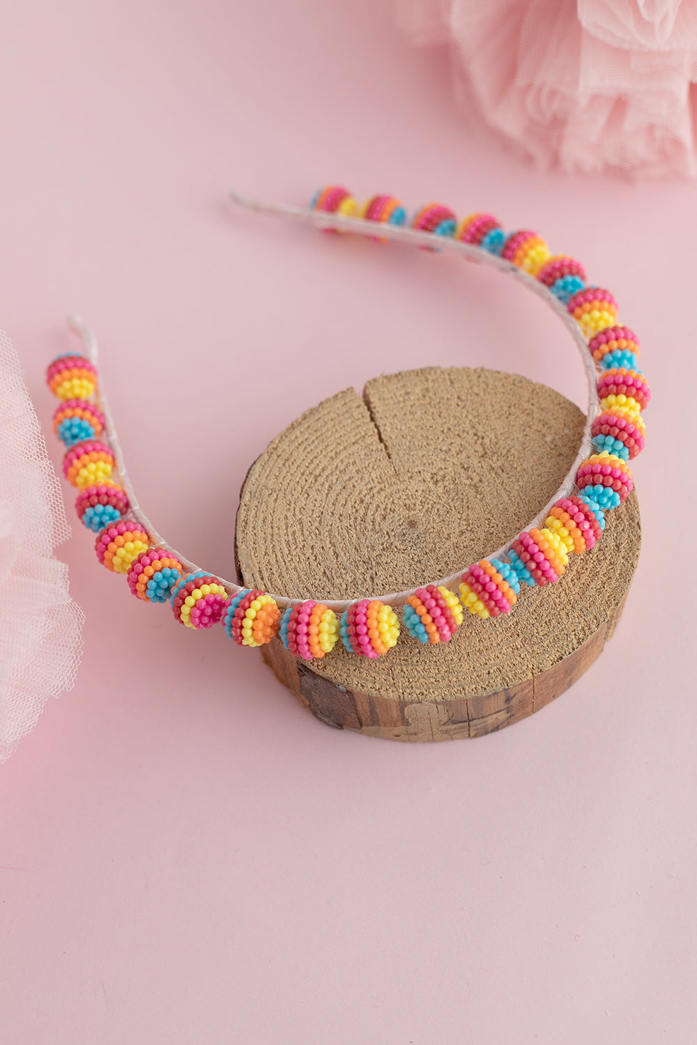 Mavi Sarı Top Boncuk İşlemeli Sıralı Taç