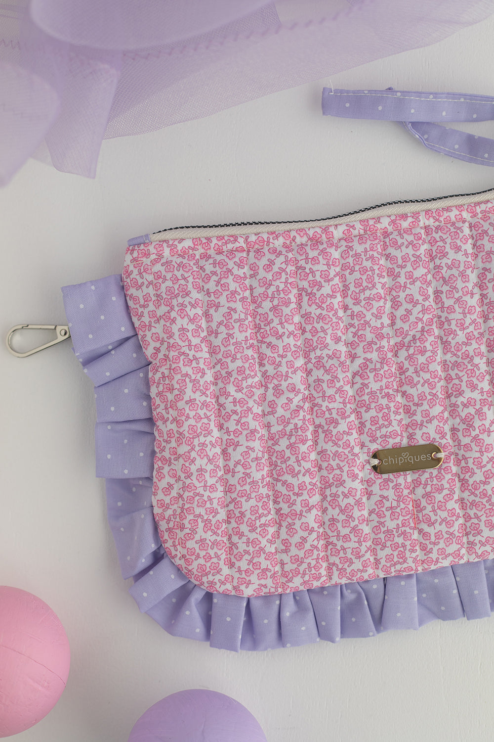 Mini Pudra Cicekli Lila Puantiye Fırfırlı Fermuarlı Kapitone Çanta