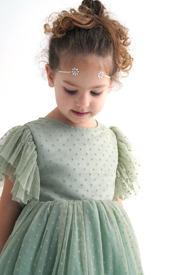 Mint Green Polka Dot Ruffle Sleeve Lycra Tulle Dress