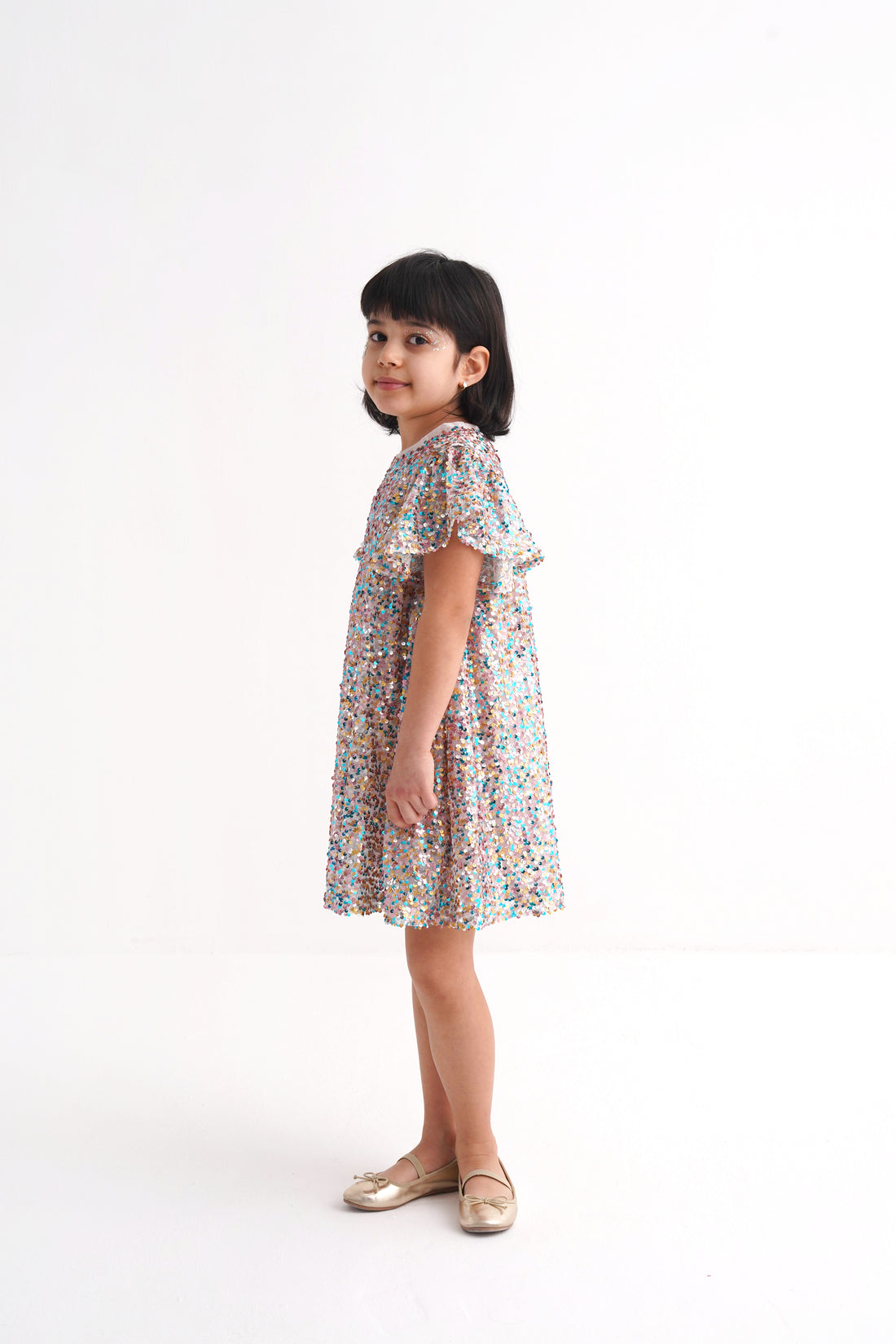 Pastel Hologram Sequined Dress with Flounce Sleeves