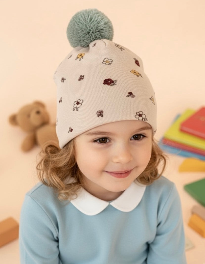 Mini Kahve Çiçekli Bej Rengi Ponpon Cift Katli Penye Bere