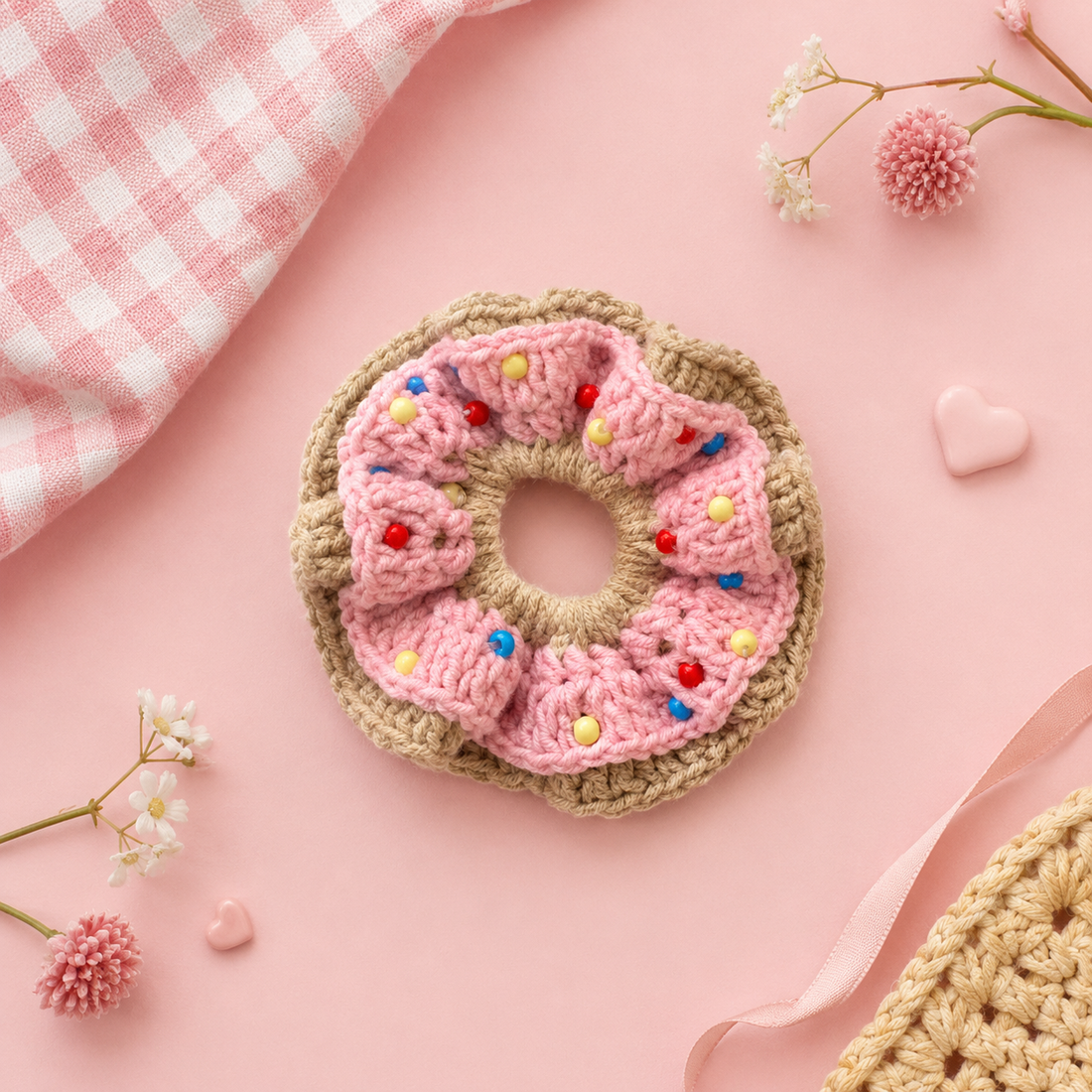 El Örgüsü Donut Figürlü Boncuk İşlemeli Scrunchie Çocuk Topuz Saç Tokası