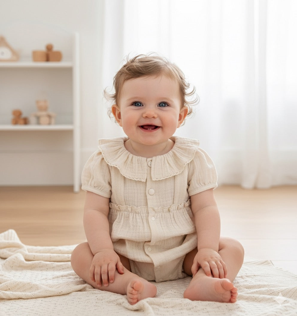 Fırfırlı Bebe Yaka Pamuk Müslin Bebek Tulumu