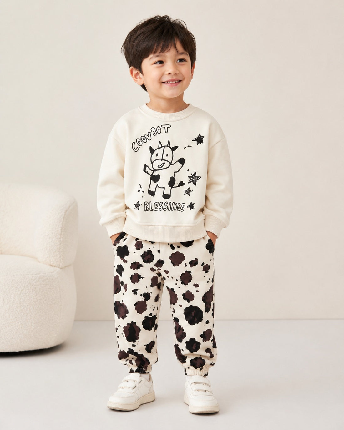 Unisex İnek Desenli Sweatshirt ve Jogger Pantolon Takım