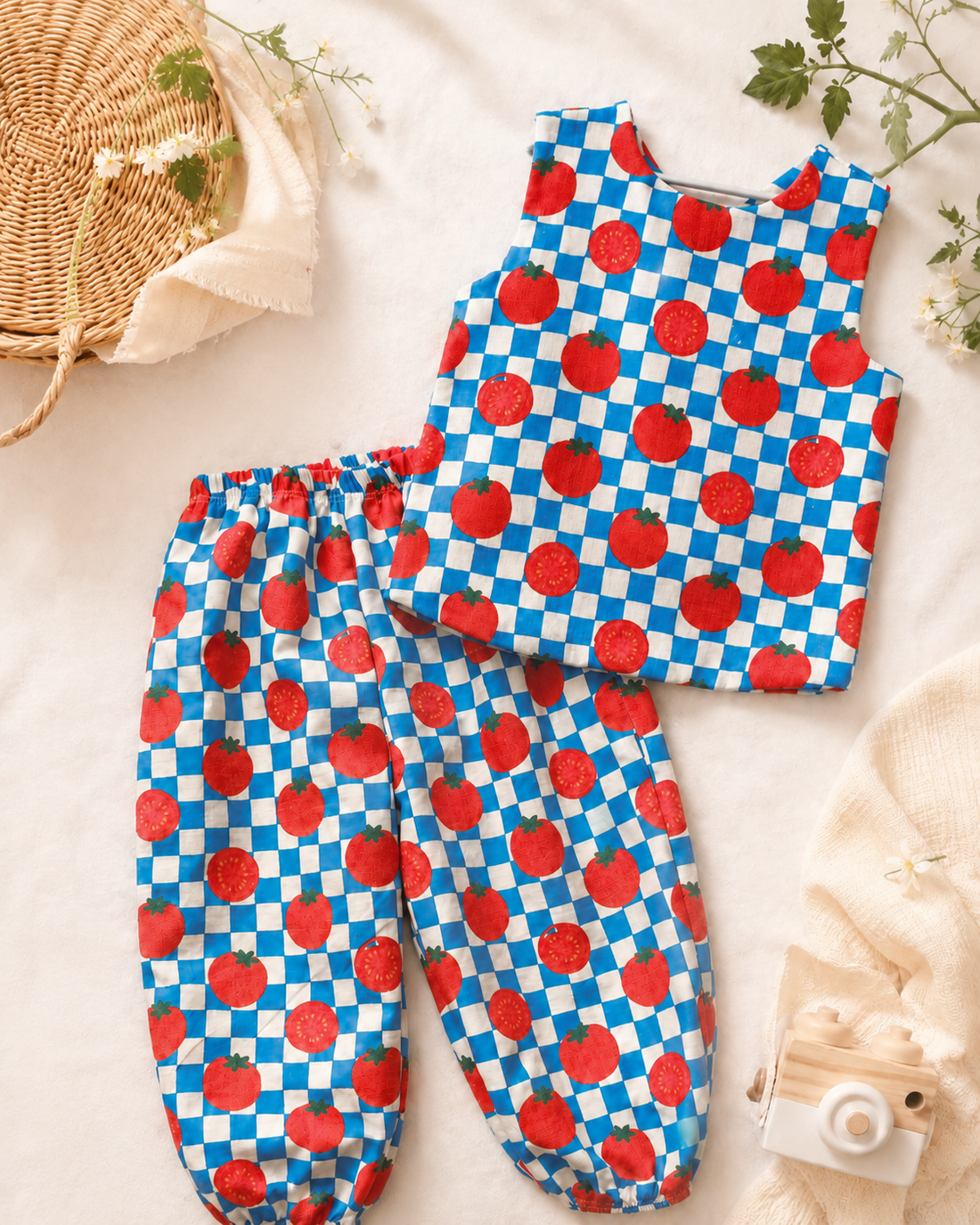 Retro Domates Desenli Müslin Pamuklu 2'li Set Takım