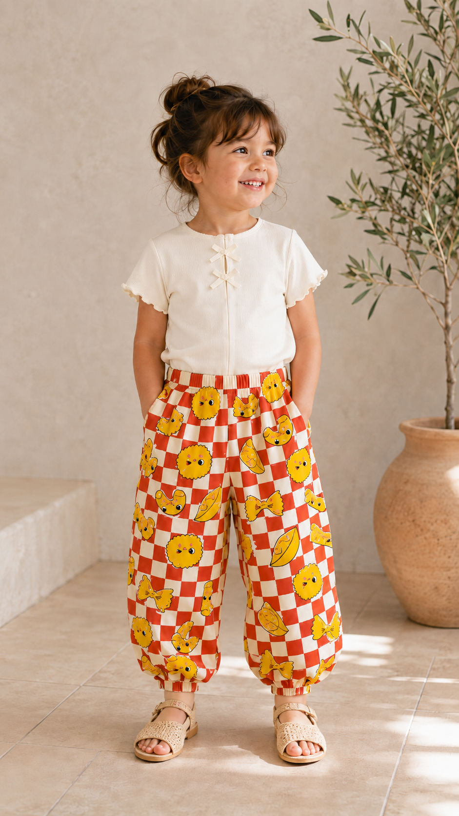 Unisex Retro Makarna Baskılı Pamuklu Müslin Lastikli Şalvar Pantolon
