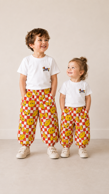 Unisex Retro Makarna Baskılı Pamuklu Müslin Lastikli Şalvar Pantolon