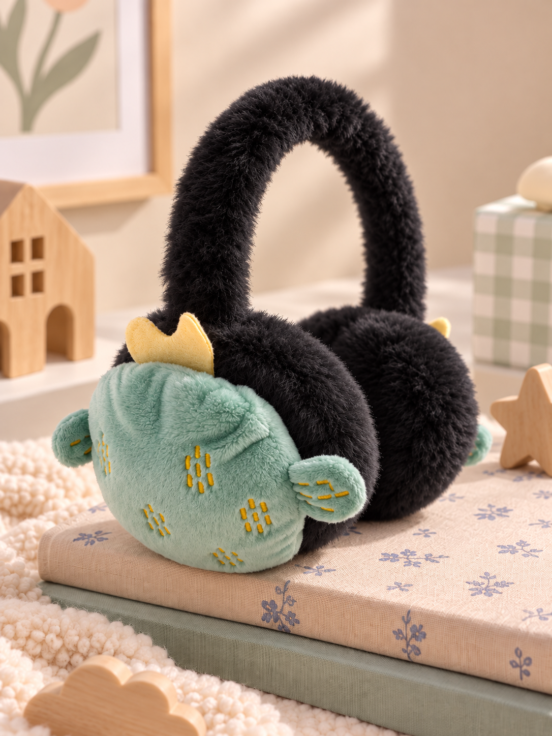 Unisex Dino Nakışlı Sİyah Peluş Yumoş Kulaklık