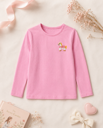 Uzun Kollu Pembe Aplikeli Şeker Pembe T-shirt