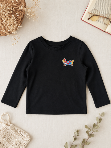 Uzun Kollu Aplikeli Siyah T-shirt