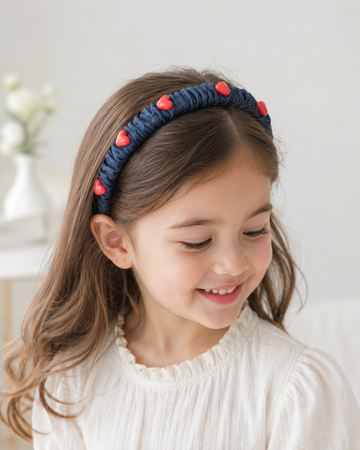 Heart Embroidered Gathered Indigo Denim Crown