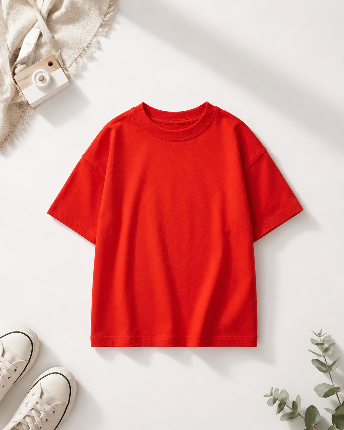Kırmızı Oversize Unisex Çocuk T-shirt – Premium Pamuklu Basic Tişört