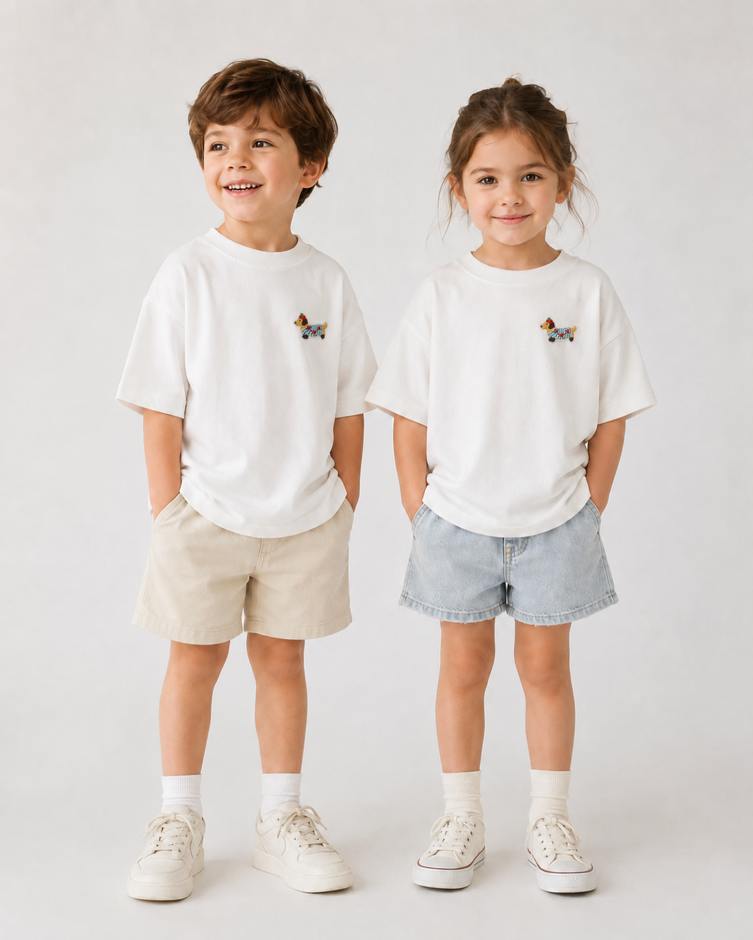 Unisex Beyaz Köpek Aplikeli Oversize Çocuk T-shirt