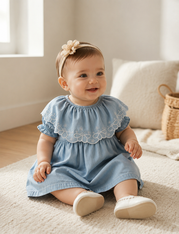 Brode Yakalı Denim %100 Pamuk Kız Bebek Elbisesi
