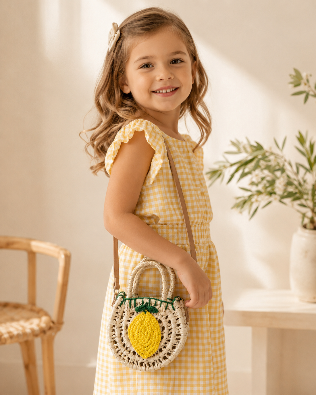 Limon Aplikeli El Örgüsü Uzun Askılı Mini Sepet Rafya Yaz Çantası