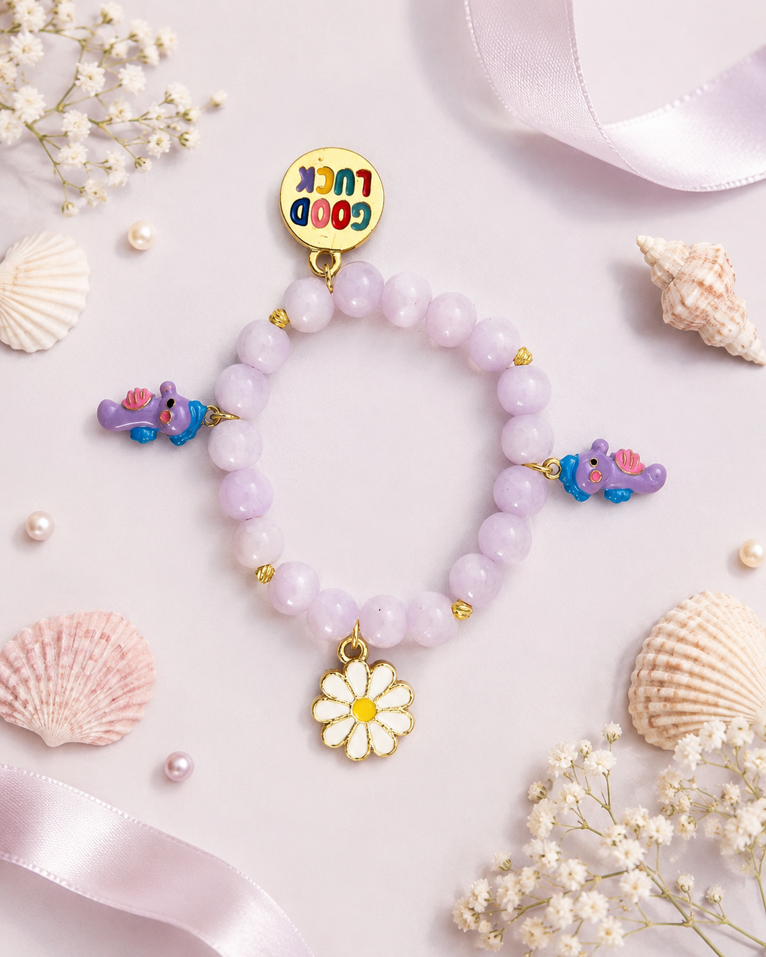 Lila Rengi Denizatı ve Papatya Charm Detaylı Bilezik