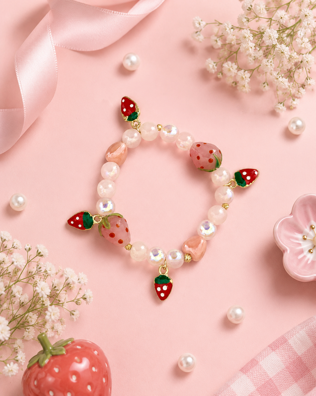 Pembe Boncuklu Çilek Charm Detaylı Lastikli Çocuk Bileklik