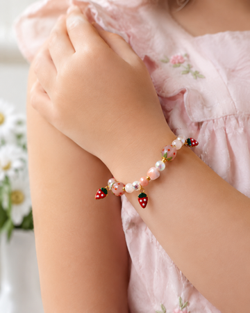 Pembe Boncuklu Çilek Charm Detaylı Lastikli Çocuk Bileklik
