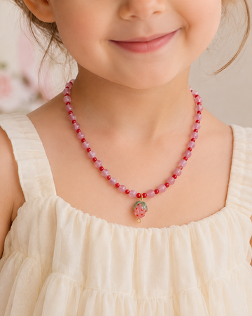 Murano Çilek Charm Detaylı Pembe Boncuklu Çocuk Kolye