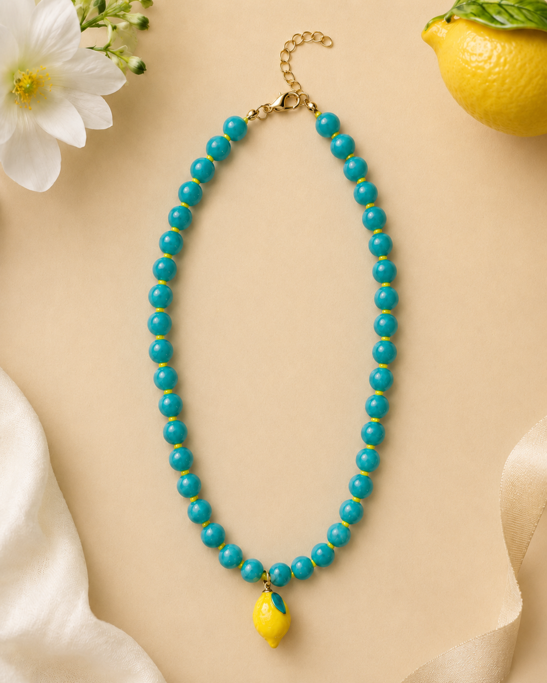 Murano Limon Charm Detaylı Mavi Sarı Boncuklu Çocuk Kolye