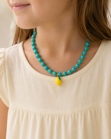Murano Limon Charm Detaylı Mavi Sarı Boncuklu Çocuk Kolye