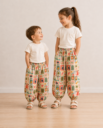 Unisex Tropikal Desenli Müslin Pamuklu Lastikli Pantolon