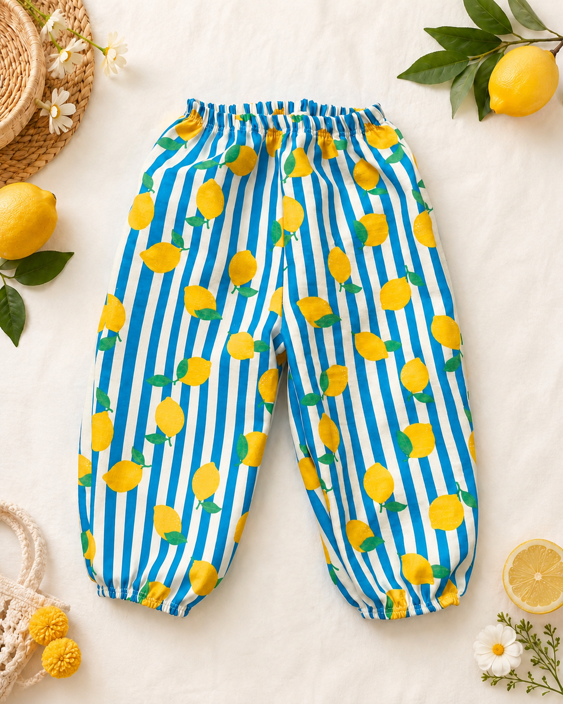 Unisex Retro Limon Baskılı Pamuklu Müslin Lastikli Şalvar Pantolon