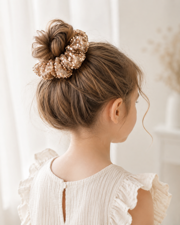 Gold Renk Payetli Işıltılı Tül Scrunchie Toka
