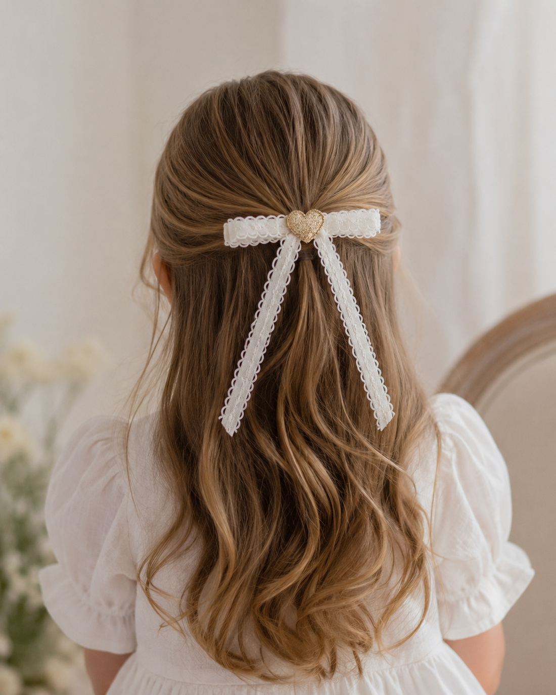 Beyaz Şerit İşlemeli Glitter Kalp Detaylı Klipsli Fiyonk Toka