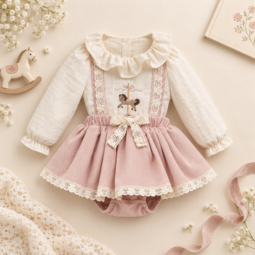 Atlıkarınca Nakışlı Fırfırlı Bebe Yaka 2'li Romper Set