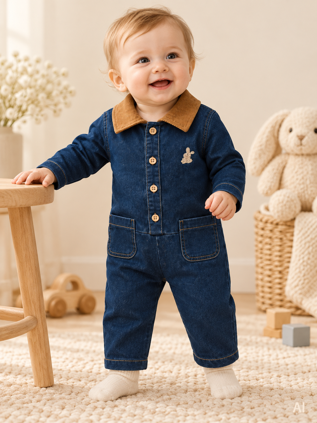 Denim Bebek Tulum – Kadife Yaka Detaylı