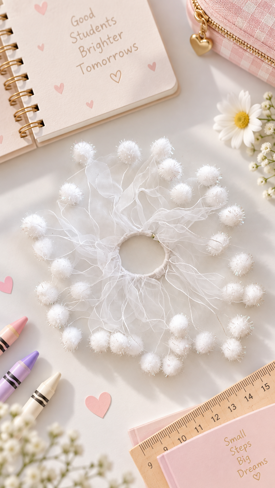 Beyaz Pompom Detaylı Saçaklı Organze Lastik Toka