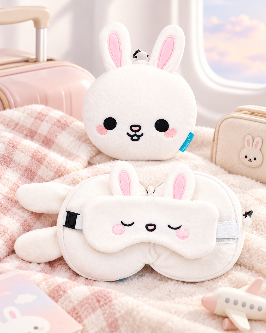 Relaxeazzz Adoramals Frances The Rabbit Plush Travel Pillow & Eye Mask