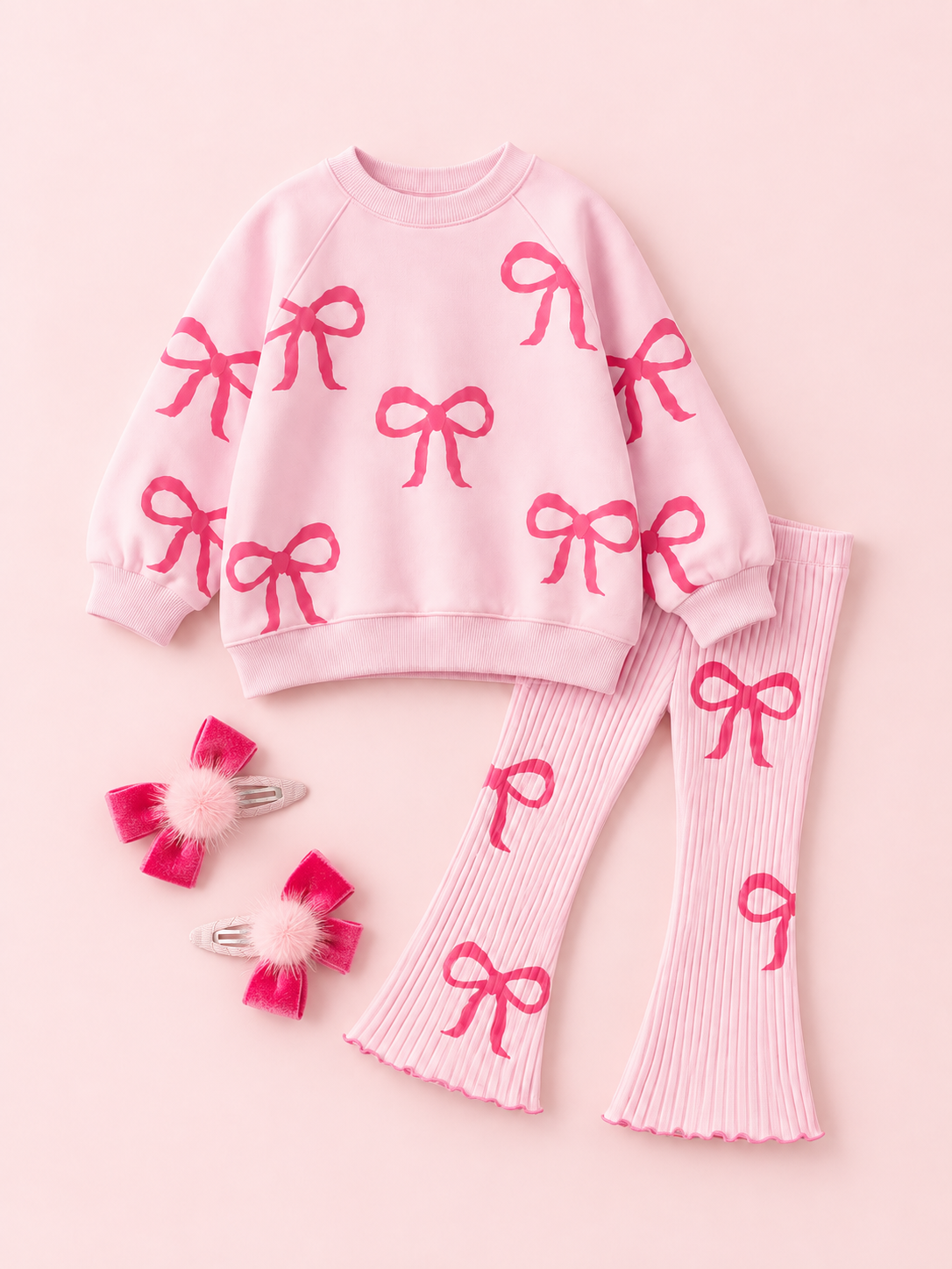 Kız Çocuk Fiyonk Desenli Pembe Sweatshirt ve İspanyol Paça Tayt Takımı