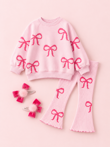 Kız Çocuk Fiyonk Desenli Pembe Sweatshirt ve İspanyol Paça Tayt Takımı