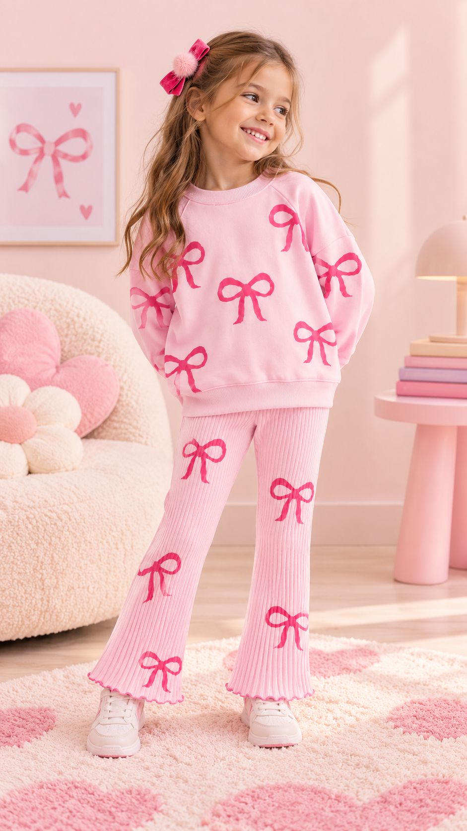 Kız Çocuk Fiyonk Desenli Pembe Sweatshirt ve İspanyol Paça Tayt Takımı