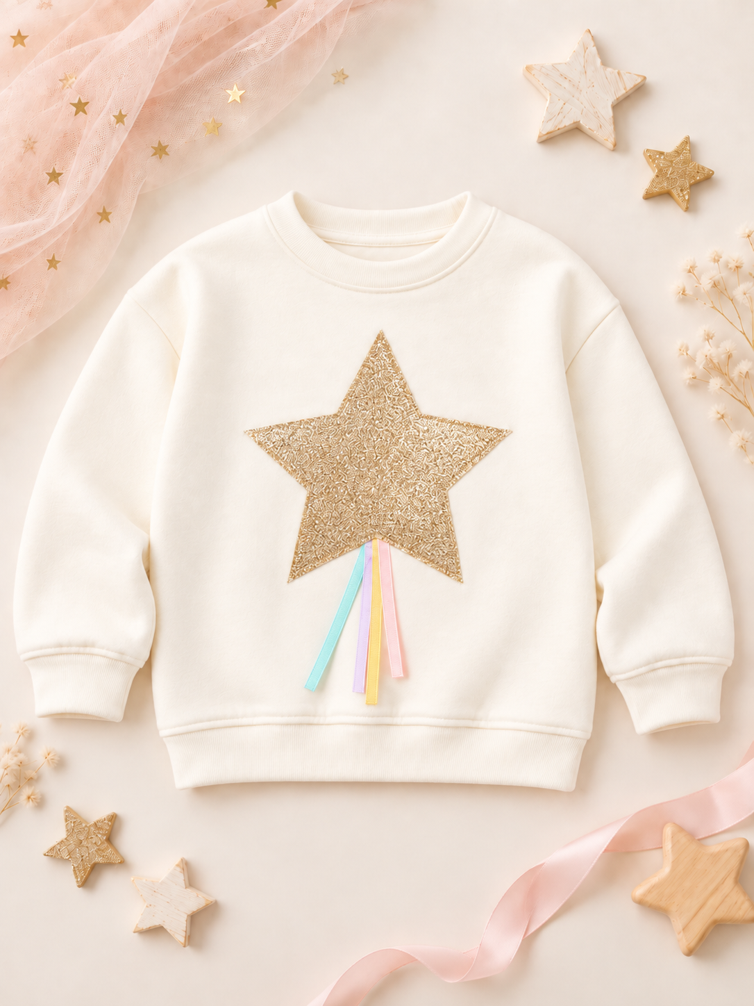 Gold Yıldız Aplike Nakışlı Kurdele Detaylı Kız Çocuk Sweatshirt